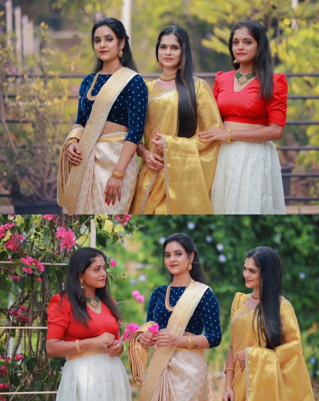 Trio of bridesmaids in coordinated festive attire featuring midnight velvet blouse, gold drape, and red puff blouse