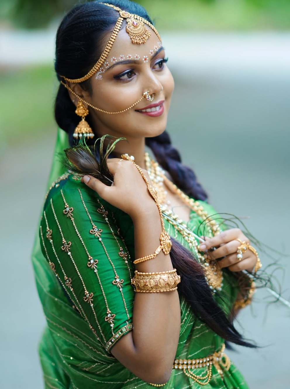 Precision tailored emerald green silk blouse with linear gold vines and immaculate fitting by Harsa Boutique