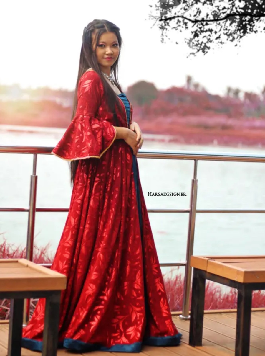 Bride in tailored designer blouse highlighting perfect neck curvature and shoulder fit